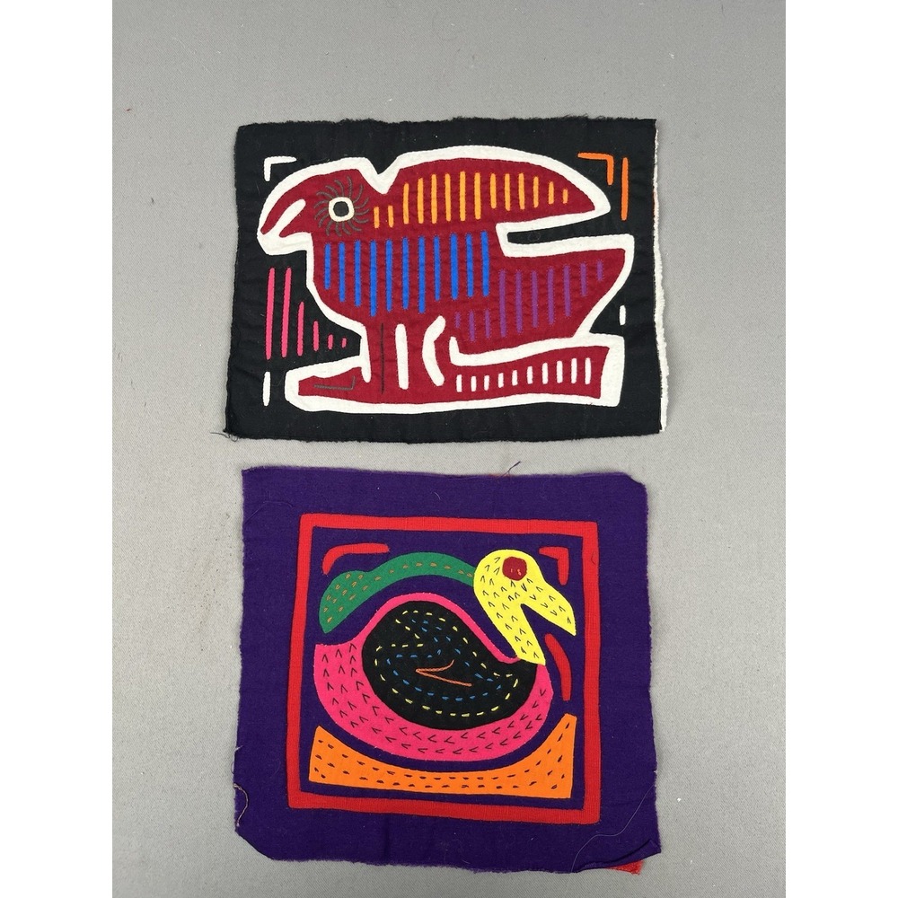 2 VTG Kuna Mola Hand Sewn Art Textile Fabric Folk Fabric Birds Duck Quilt Block - Picture 11 of 11